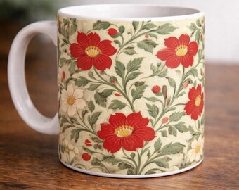 William Morris muggdesign, vintage blommig mugg PNG, sublimeringsmuggomslag, rött blommönster, Cottagecore muggdesign, digital nedladdning