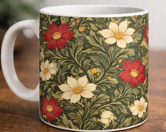 William Morris muggomslag PNG, vintage blommig muggomslag 3600x1800, sublimeringsmuggdesign, grön blommönstermugg, digital nedladdning