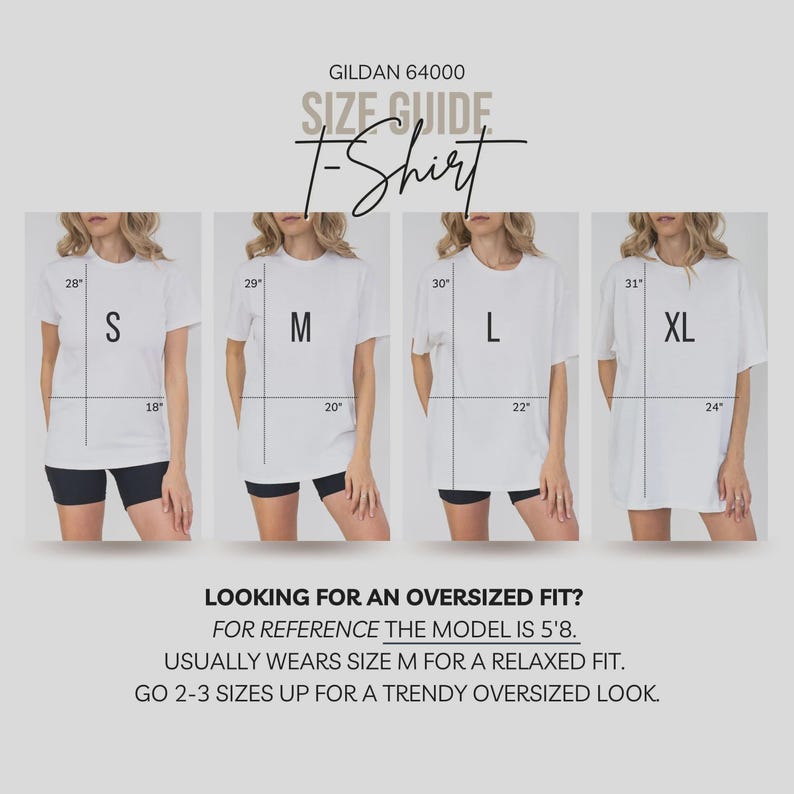 Puede incluir: Gu&iacute;a de tallas de camisetas con medidas en cm. La gu&iacute;a muestra modelos que usan tallas S, M, L y XL. El texto de la imagen dice "Looking for an oversized fit?" y proporciona recomendaciones de tallas.