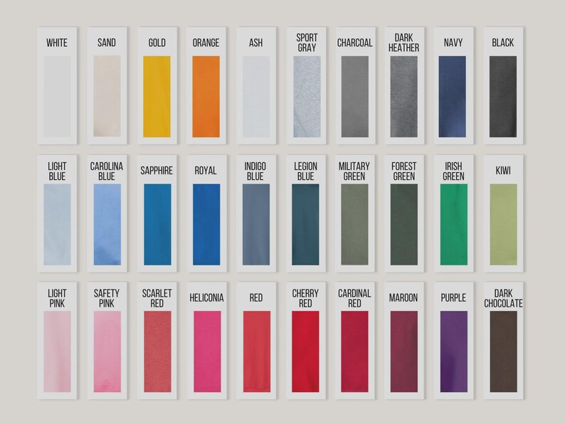 Puede incluir: Una colecci&oacute;n de muestras de color, cada una etiquetada con un nombre de color diferente. Los colores incluyen blanco, arena, dorado, naranja, ceniza, gris deportivo, carb&oacute;n, brezo oscuro, azul marino y negro. Los colores adicionales son azul claro, azul Carolina, zafiro, real, azul &iacute;ndigo, azul legi&oacute;n, verde militar, verde bosque, verde irland&eacute;s y kiwi.