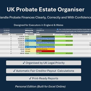 UK Probate Spreadsheet for Executors – Estate Accounts & Distribution Calculator (England/Wales)