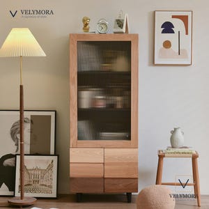 Modern Wabi Sabi Wood Display Cabinet with Fluted Glass Door