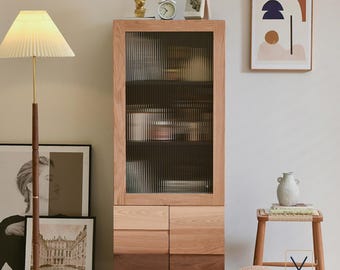 Modern Wabi Sabi Wood Display Cabinet with Fluted Glass Door