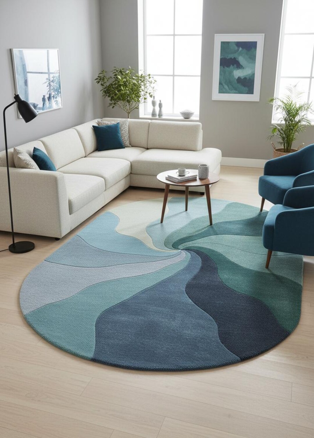 Oval Hand Tufted Wool Rug, Abstract Blue Green Area Rug, Modern ...