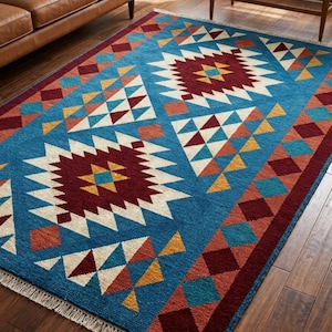 Blue Southwestern Hand Knotted Wool Rug, Tribal Area Rug, Geometric Navajo Style Carpet, Boho Bedroom Decor