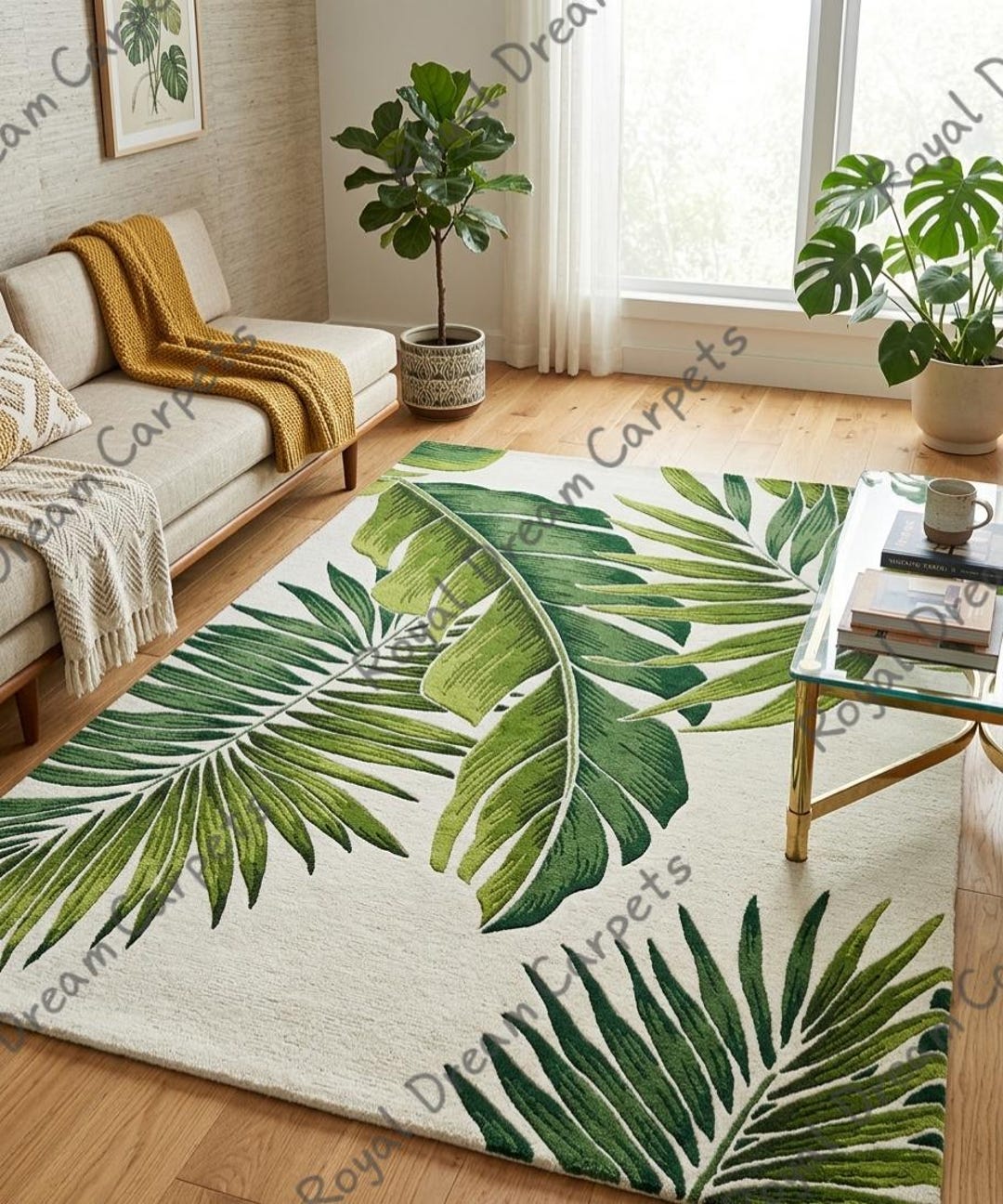 Hand Tufted 8x10 Tropical Leaf Rug, Modern Wool Area Rug, Botanical ...