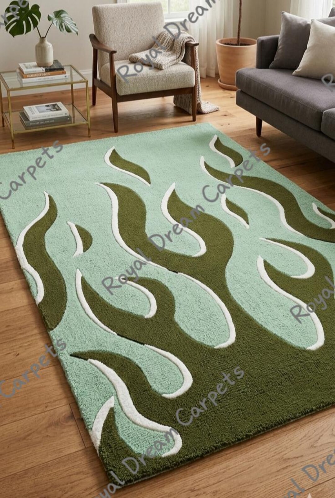 Olive Green Abstract Hand Tufted Rug, Modern Flame Design Rug ...