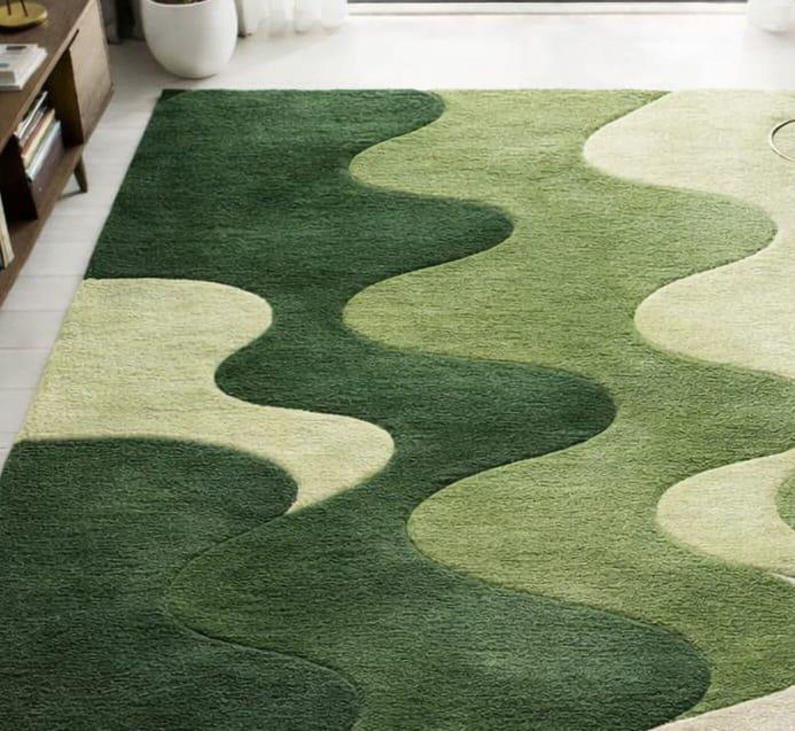 Hand Tufted Green Abstract Wool Area Rug, 100% Wool Modern Wavy Pattern ...
