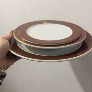 Può includere: Una pila di tre piatti in ceramica con bordo marrone e centro bianco. I piatti sono tenuti da una mano. Il piatto superiore ha un piccolo disegno dorato. I piatti sono impilati l'uno sull'altro.