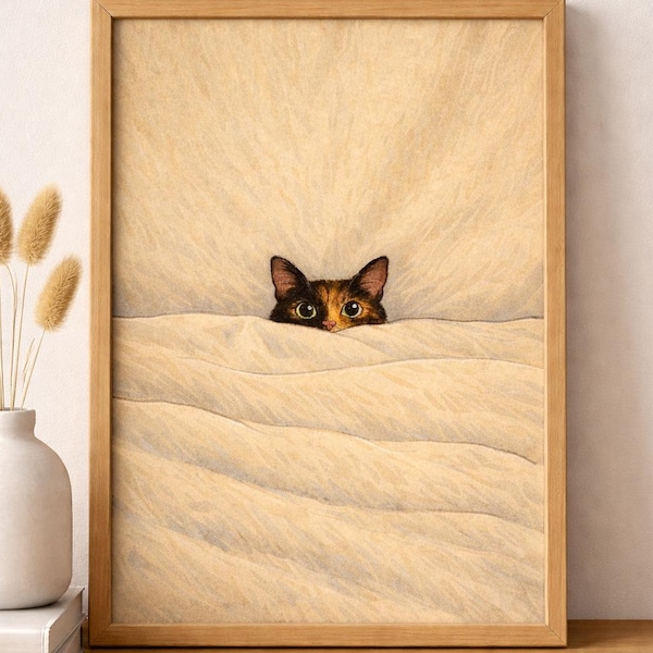 Tortoiseshell Cat Wall Art Print Peeking Cat Illustration Cosy Bed Pet Lover Home Decor