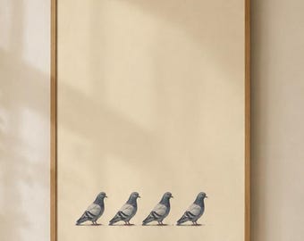Pigeon Queue Wall Art Funny Bird Print Neutral Home Decor Minimalist Poster