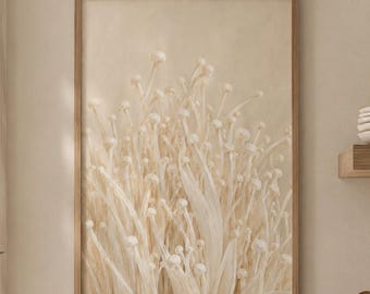 May include: A rectangular wall art print featuring a detailed illustration of a cluster of enoki mushrooms in shades of cream, beige, and off-white, encased in a thin, light-toned wooden frame, displayed on a neutral-colored wall.