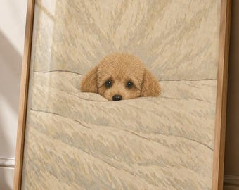 Puede incluir: Una impresión artística enmarcada que presenta un caniche marrón claro asomando por una superficie beige texturizada. La cabeza del perro es el foco, con ojos oscuros y pelaje suave. El marco es de madera clara.