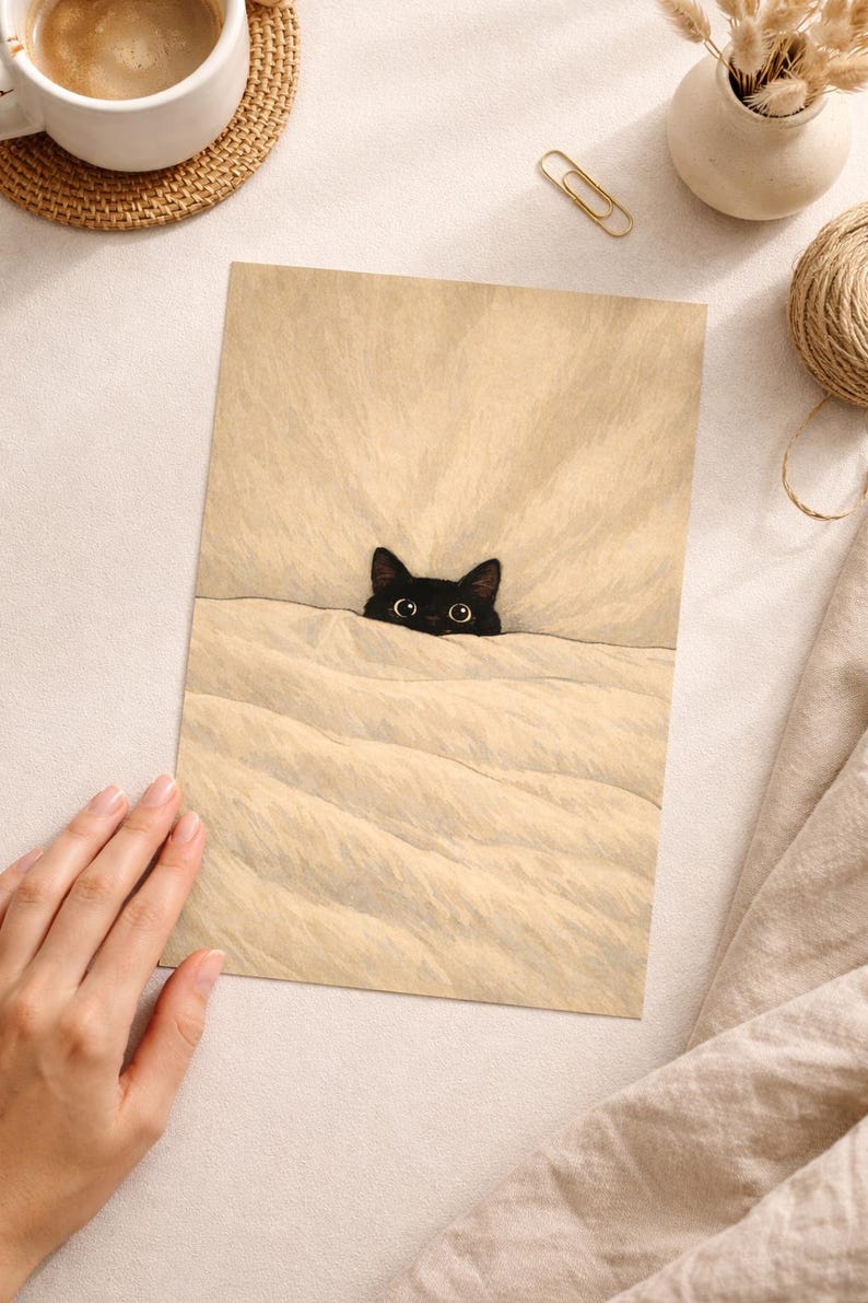 Puede incluir: Una ilustraci&oacute;n caprichosa presenta un gato negro asom&aacute;ndose por encima de una manta beige. Los ojos del gato son grandes y curiosos. La obra de arte est&aacute; sobre papel texturizado, con una taza de caf&eacute; y otros elementos decorativos en el fondo.