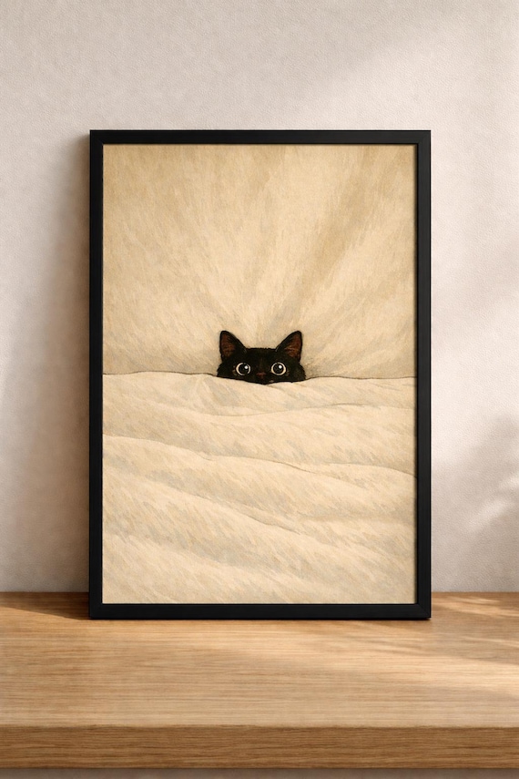 Black Cat Wall Art Print Peeking Cat Illustration Cosy Bed Pet Lover Home Decor