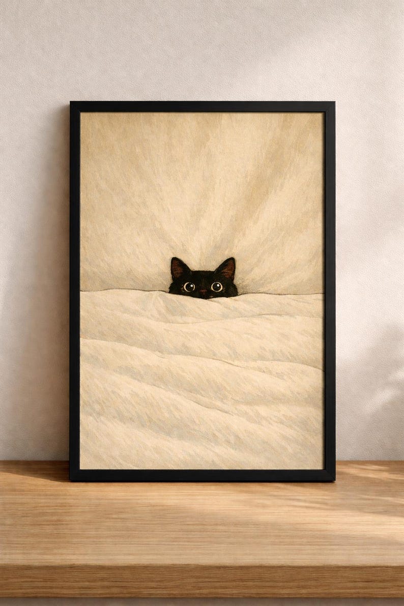 Puede incluir: Impresi&oacute;n art&iacute;stica enmarcada que representa a un gato negro asom&aacute;ndose por encima de una manta blanca. Los ojos del gato son grandes y redondos, expresando curiosidad. La obra de arte est&aacute; sobre un fondo beige, enmarcada en negro y sobre una superficie de madera.