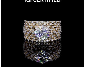 2 karaat ronde lab-gegroeide diamanten brede bandring, meerlaagse effenen verlovingsring, IGI-gecertificeerde zestandige statementring