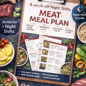 Puede incluir: Un portapapeles de madera con el título "MEAT MEAL PLAN", rodeado de diversas carnes crudas, verduras y platos preparados. El plan incluye recetas de cocina por lotes, listas de compras e ideas para sobras. El texto dice "4-on/4-off Night Shifts" y "Night-Shift Friendly".