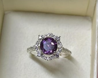 Round Cut Simulated Amethyst Engagement Ring, 14K White Gold Plated Anniversary Birthstone Ring