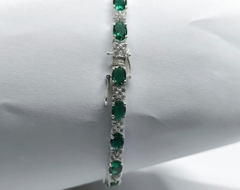Oval Cut Simulated Green emerald Tennis Bracelet, 14K White Gold Plated Women's Bracelet