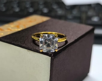 Asscher Cut Simulated Diamond Engagement Ring, 14K Yellow Gold Plated Wedding Ring