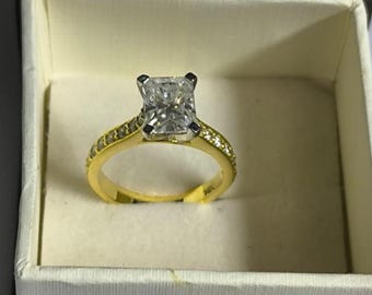Emerald Cut Simulated Diamond Solitaire Wedding Engagement Ring, 14K Yellow Gold Plated Anniversary Ring