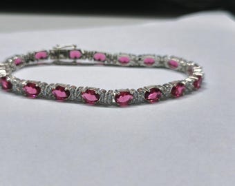 Oval Simulated Sapphire Tennis Bracelet, 14K White Gold Plated Link Bracelet