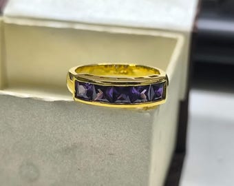 Princess Cut Amethyst Wedding Band, 14K Yellow Gold Plated Anniversary Ring