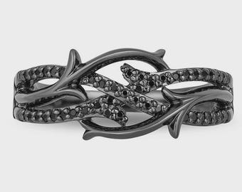 Simulated black Diamond Engagement Ring, Round Cut Black Rhodium 925 Sterling Silver Wedding Ring