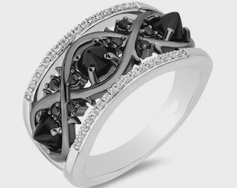 Black Diamond Engagement Ring, Round Cut Black Rhodium Sterling Silver Wedding Band