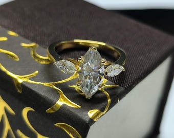 Simulated Diamond Wedding Engagement Ring, Marquise Cut 14K Yellow Gold Plated Anniversary Ring