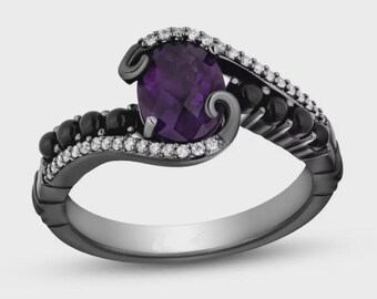 Oval Cut Simulated Amethyst Engagement Ring, Black Rhodium 925 Sterling Silver Wedding Ring
