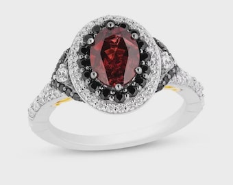 Oval Cut Simulated Garnet Engagement Ring, 14K Two Tone Gold Plated Wedding Ring