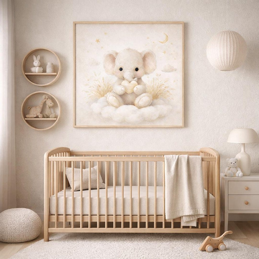Elephant Nursery Wall Art Printable, Neutral Baby Room Decor, Beige ...