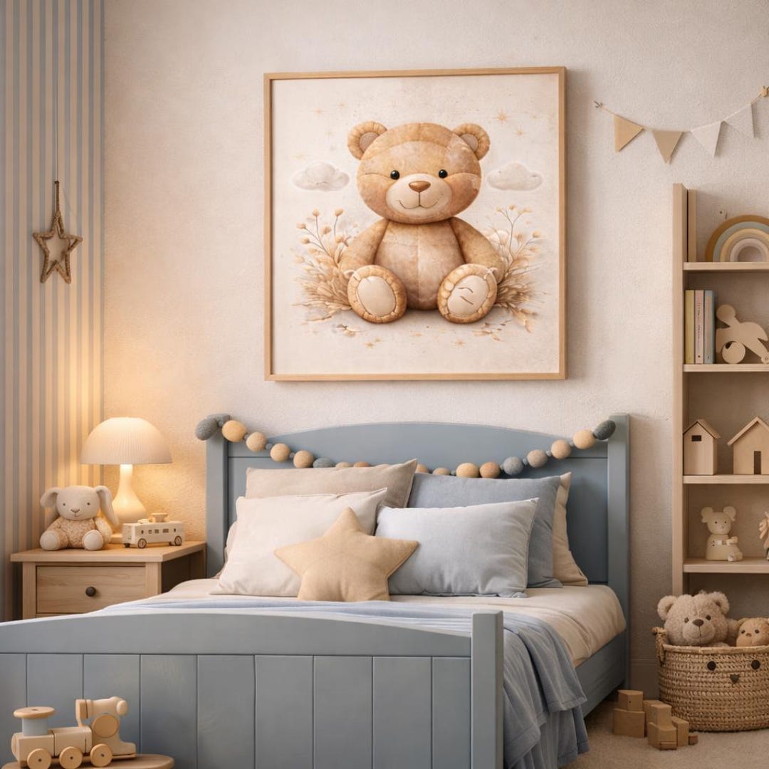 Teddy Bear Nursery Wall Art Printable, Neutral Baby Room Decor, Beige ...