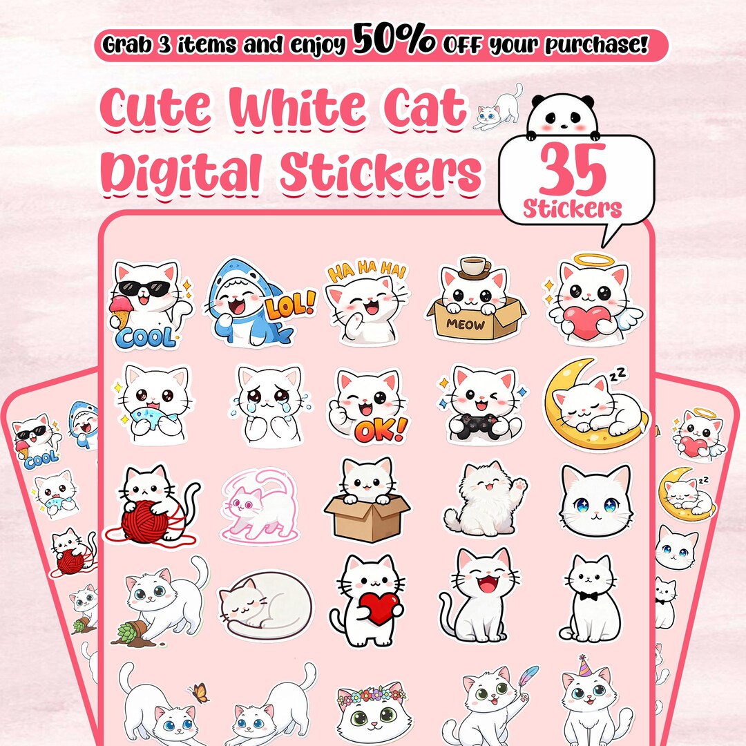 Kawaii White Cat Stickers | Digital Planner, Goodnotes (PNG Files ...