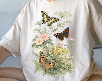 Vintage Monarch Butterfly Tee, Wildflower Meadow Portrait, Illustration Graphic Shirt, Botanical Top