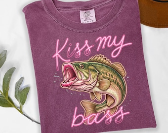 Kiss My Bass, Funny Fishing Shirt, Preppy Coastal Tee, Colorful Summer T-Shirt
