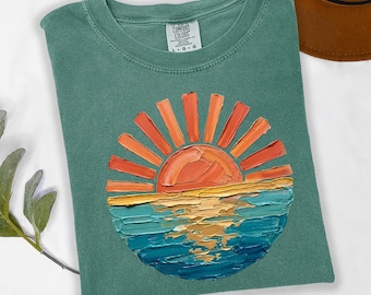 Sunset Beach Shirt, Coastal Ocean Graphic Tee, Retro Summer Vacation T Shirt, Cute Travel Tee, Only Print- Not real Painting