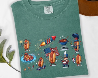 Funny Fourth Of July Holiday Tshirt,4th of July Hot Dog Shirt Patriotic BBQ Graphic Tee American Flag Fireworks Shirt