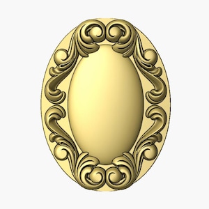 May include: A gold-colored, oval-shaped decorative element with an ornate, swirling border. The central area is smooth and blank, while the frame features detailed, symmetrical scrollwork. The design is rendered in a 3D style.