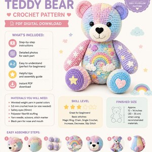 Pode incluir: Um padrão de crochê para um urso de pelúcia arco-íris pastel. O urso é multicolorido com um arco-íris, nuvens e estrelas na barriga. O documento inclui texto, passos de montagem e um tamanho final de 30-35 cm.