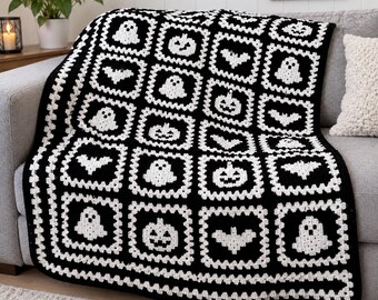 Halloween Crochet Blanket Pattern, Ghost Pumpkin Bat Granny Square Throw (PDF)
