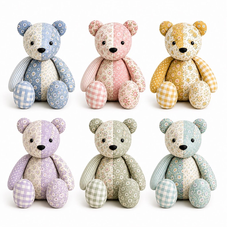 May include: Six stuffed teddy bears arranged in two rows, each crafted from patchwork fabric in distinct colour palettes including blue, pink, yellow, purple, sage green, and mint green, featuring floral, striped, and checkered patterns.