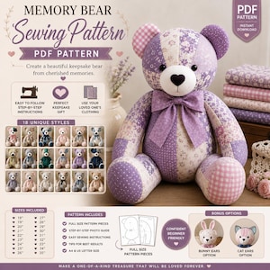 Könnte beinhalten: Ein PDF-Schnittmuster für einen Erinnerungsbären, dargestellt als Patchwork-Teddybär aus violetten und weißen Stoffen mit Blumen-, Punkt- und Karomustern. Der Bär hat eine herzförmige Nase und eine Fliege. Das Bild enthält Text und Nähsymbole.
