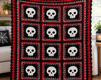 Gothic Skull Granny Square Crochet Blanket Pattern | Halloween Afghan (PDF)