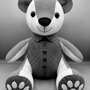 May include: A stuffed bear toy constructed from various black, white, and grey fabrics. The head features a gingham pattern and pinstripes with black button eyes and a felt nose. The torso resembles a button-down shirt with a collar and buttons.