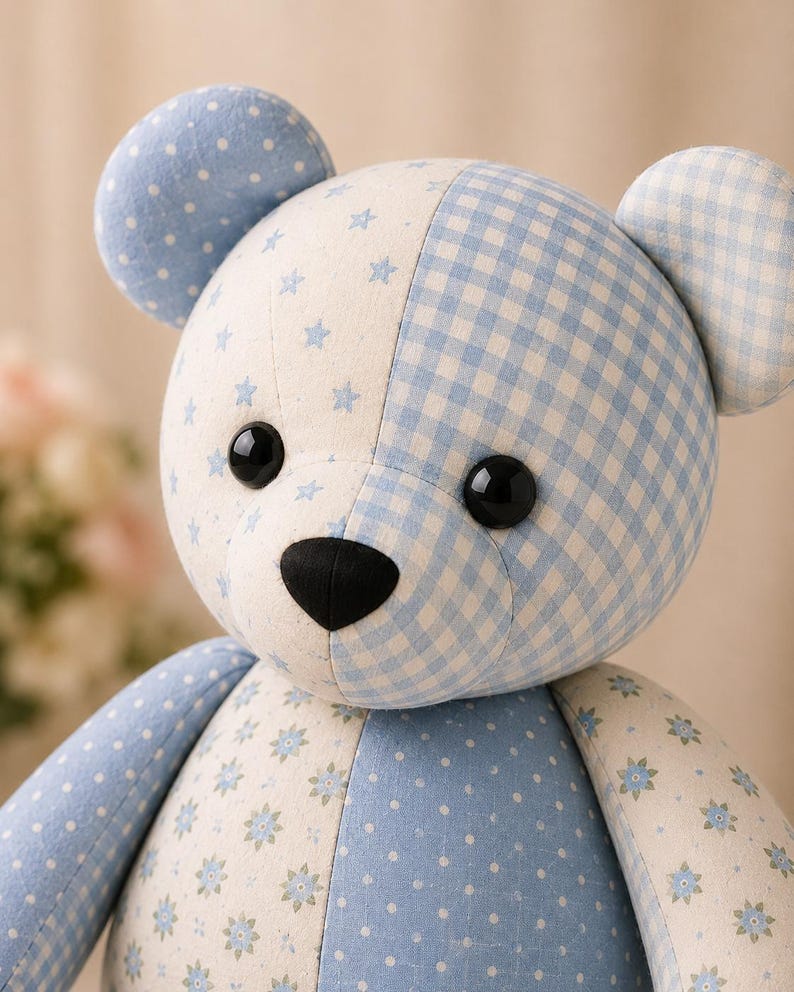 May include: A stuffed teddy bear constructed from patchwork fabric panels in shades of light blue and white. The bear features a mix of patterns including small stars, gingham checks, polka dots, and floral prints, with black plastic eyes and nose.