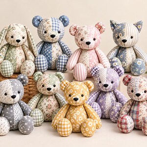 May include: A collection of nine stuffed animals, including bears and a rabbit, crafted from various patchwork fabrics. Each toy features distinct patterns such as floral prints, gingham checks, and stars in shades of blue, pink, yellow, and green.