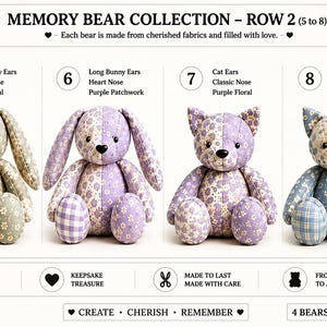 Peut inclure: Une collection de quatre ours mémoire numérotés de 5 à 8. L'ours 5 a de longues oreilles de lapin et un tissu floral vert. L'ours 6 a de longues oreilles de lapin et un patchwork violet. L'ours 7 a des oreilles de chat et un tissu floral violet.